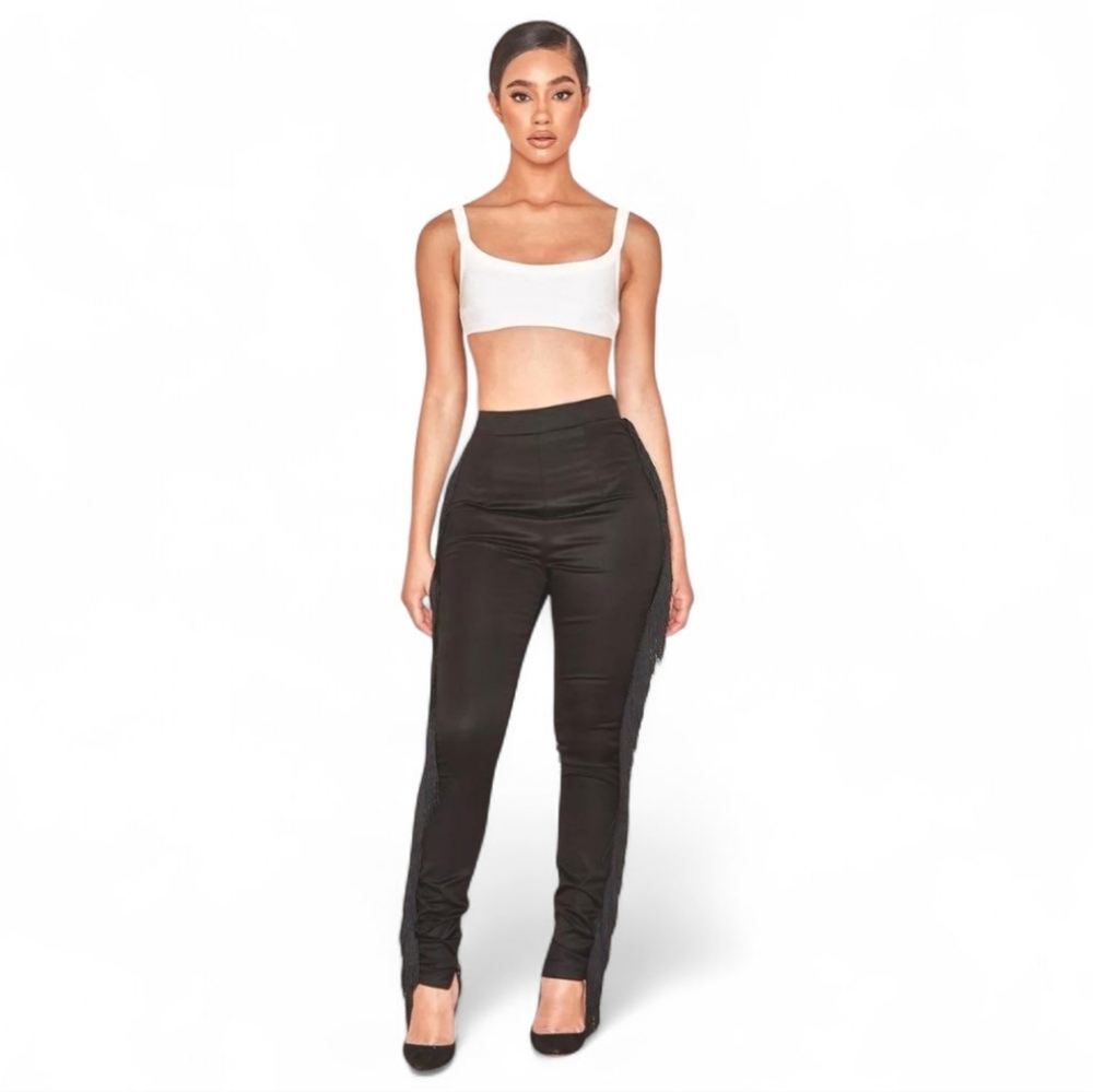 House of CB Ariyan Fringe Satin Pants‎ Black Sz XS | Night Out Party Glam
